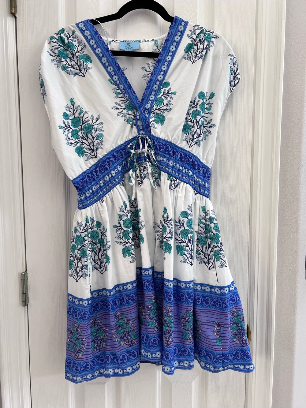 CeCe White Top with Blue & Teal Floral Trim